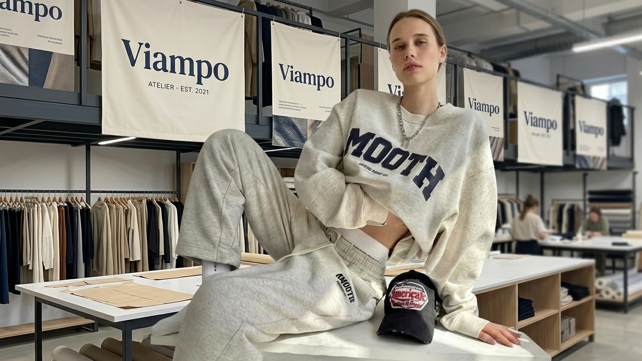 Person wearing a 'MOOD' sweatshirt in a store setting with 'Viampo' branding.