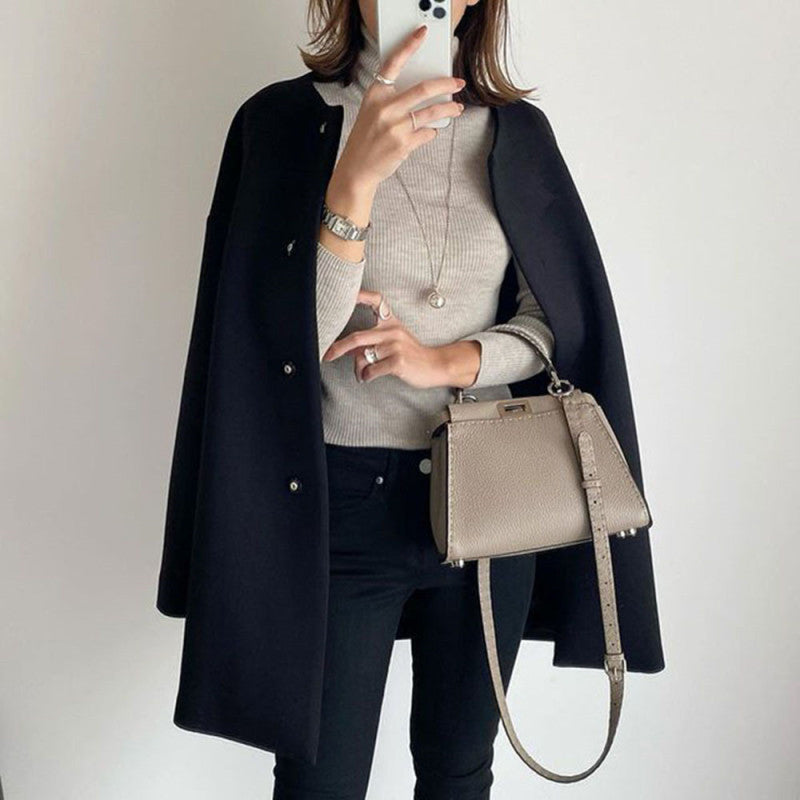 Elegant straight coat female autumn and winter temperament commute solid color simple loose coat female blouse