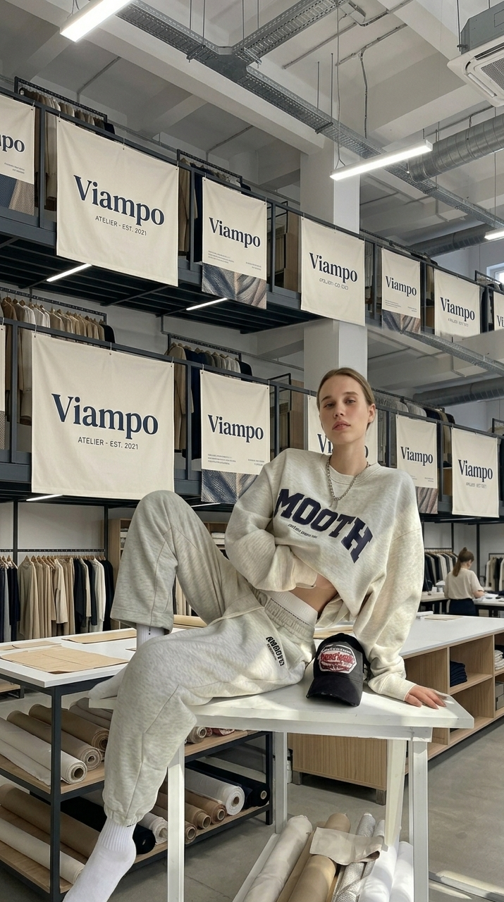 Person sitting on a table in a store with 'Viampo' branding in the background